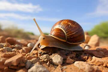 Brown Snail Crawling on Red Rocks in Desert Sunlight