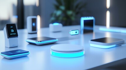 The photo shows a table displaying a variety of electronic devices. There appears to be a collection of different gadgets and devices on the table.