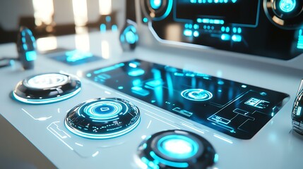 A white table holds a laptop illuminated by a blue light.