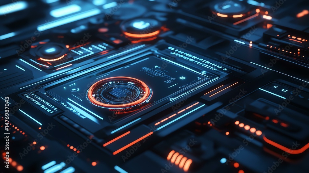 Poster a futuristic computer emits a striking glow of red light. the device’s design suggests a technologic