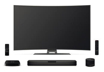 Realistic curved tv screen, remote control, sound bar, tv set-top box and smart speaker