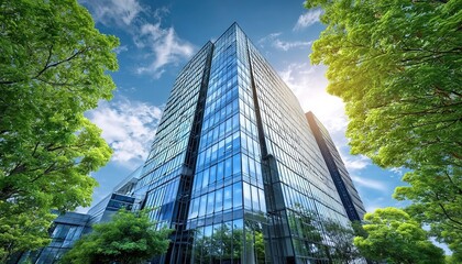 Obraz premium Modern glass skyscraper surrounded by trees and lawn under blue sky with clouds.