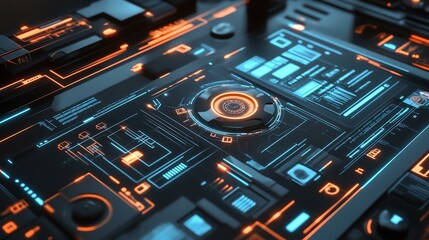 Obraz premium A futuristic computer circuit glows with vibrant, pulsating lights. The image showcases intricate circuitry illuminated with an otherworldly luminescence.