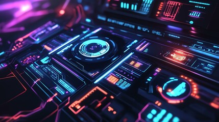 Obraz premium A DJ mixer is prominently displayed, enhanced by vibrant and colorful light effects. It creates a dynamic and visually stimulating atmosphere.