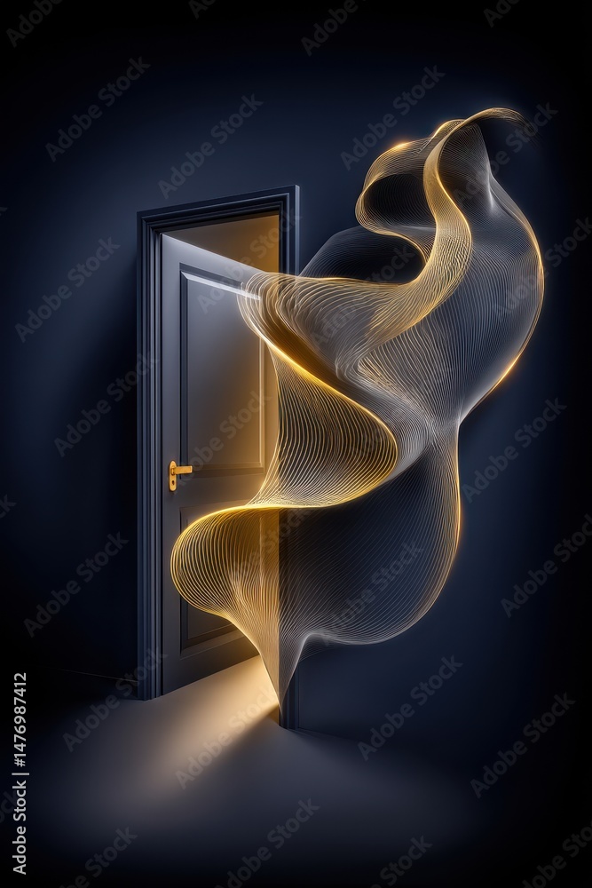 Poster mysterious doorway with flowing light waves in a dark room creating an enigmatic and dreamlike atmos