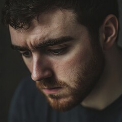 Obraz premium Pensive young adult with furrowed brow and reddish beard looking downwards in dim lighting, capturing introspective mood