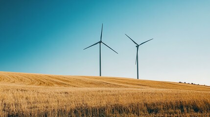 Wind turbines are silhouetted against a hill. The image depicts a landscape dominated by wind turbines.