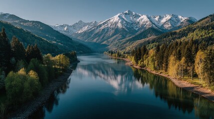 Scenic aerial illustration of mountain lake at sunrise. Calm water mirror reflections. Snow-covered mountain peaks, green forest landscapes. Ideal for travel, tourism wallpaper designs. Nature