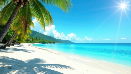 Sunny beach scene with vibrant blue ocean and clear sky, perfect for summer vacation , idyllic, bright