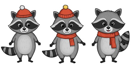 Obraz premium Adorable Cartoon Raccoons Wearing Winter Hats and Scarves