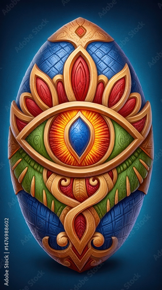 Poster colorful and intricate eye design on shield with floral patterns and vibrant color palette for fanta