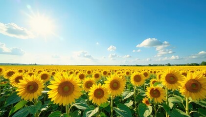 Obraz premium Vast field of sunflowers blooming under a bright summer sky Vibrant yellow flowers stretching to the horizon , sunflower field, field