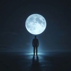 Man silhouette contemplates large moon under starry night sky, fostering imagination and exploring mysteries of the cosmos