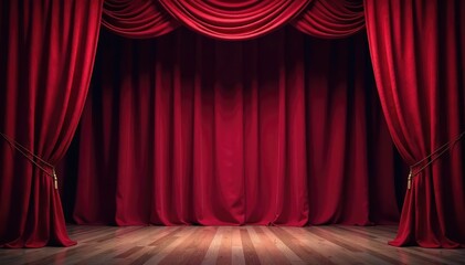 Velvet stage curtains drawn back, revealing empty stage Rich texture, dramatic lighting , empty, purple