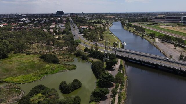 Aerial drone above Maribyrnong River and nature reserve in Footscray, Melbourne