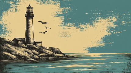 A lone lighthouse stands on a rocky shore, with a bird soaring above it. The image captures a tranquil scene of coastal beauty.