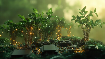 Lush greenery and technology merge in a forest of circuit boards with vibrant trees illuminated by glowing connections and ambient light. Symbiosis of nature and technology