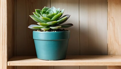 Succulent in Teal Pot on Wooden Shelf