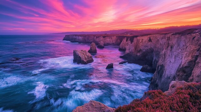 Coastal sunset over dramatic rock formations