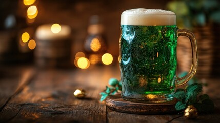 Green beer in a glass mug with bokeh background for celebrations and festivities
