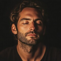 Obraz premium Portrait of Man with Eyes Closed, Dark Background, Serene Facial Expression, Revealing Relaxed Emotional State, Golden Tint, Natural Light