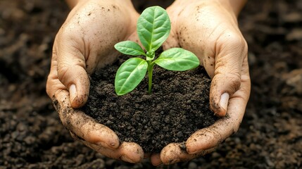A person is holding a small plant in a pot of soil.