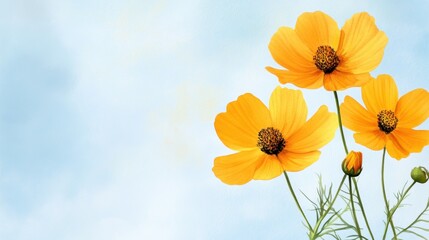 Yellow cosmos flowers blended with soft watercolor brushstrokes on textured paper, natural light and detail