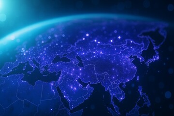 Global Network Connections Asia Digital World Map Technology Illuminated Blue Abstract Background Futuristic Data Visualization Powerful Innovation Networked Planet Earth Digital Globe Lines Light    