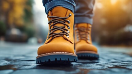 Stylish yellow boots on cobblestone pathway in warm light