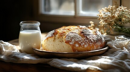 Freshly baked bread with milk on rustic wooden table