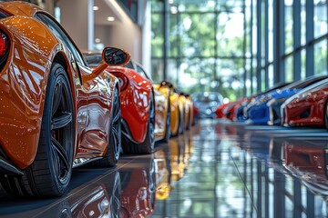 Luxury Sports Cars in a Modern Showroom with Sleek Design and Vibrant Colors Reflecting on Polished Floors