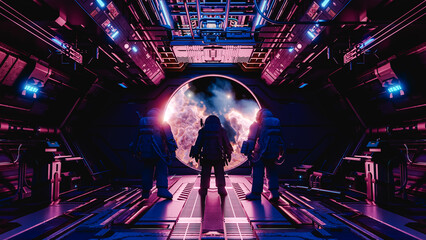 Astronauts observing nebula from spaceship window: futuristic space exploration. 3d render © DMegias