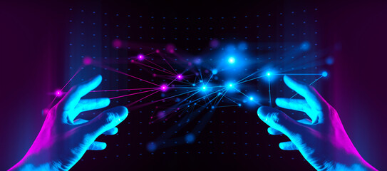 The hand of a businessman interactive touching a holographic of a financial network, symbolizing...