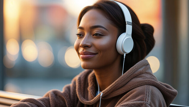 A young, joyful woman with headphones enjoys music while smiling and looking away into the distance.