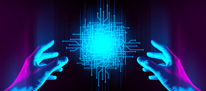 The hand of a businessman interactive touching a holographic of a financial network, symbolizing the possession of technology artificial intelligence