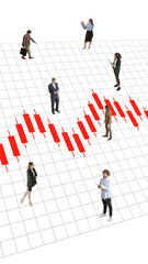 Composite design. Red candlestick chart with floating businesspeople over 3D grid space. Representation of market volatility and crisis. Concept of economic, finance, money, crisis.