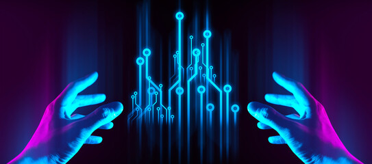 The hand of a businessman interactive touching a holographic of a financial network, symbolizing...