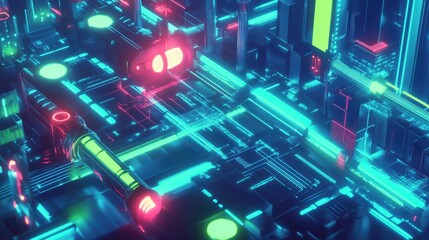 Futuristic neon city digital artwork vibrant colors