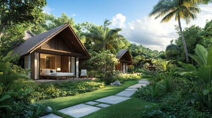 A stunning, sun-drenched tropical resort showcases a private villa nestled amongst lush greenery, offering a serene escape with turquoise waters and luxurious amenities.