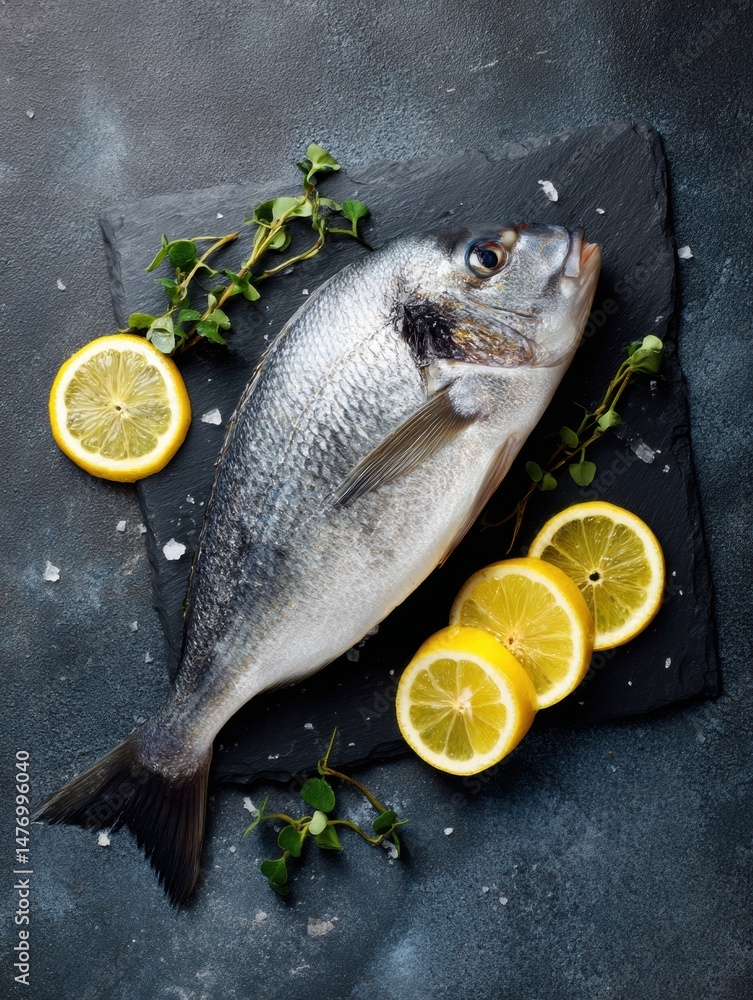 Aufkleber whole fish and lemon slices arranged on a slate surface with herbs in a diagonal layout, perfect for