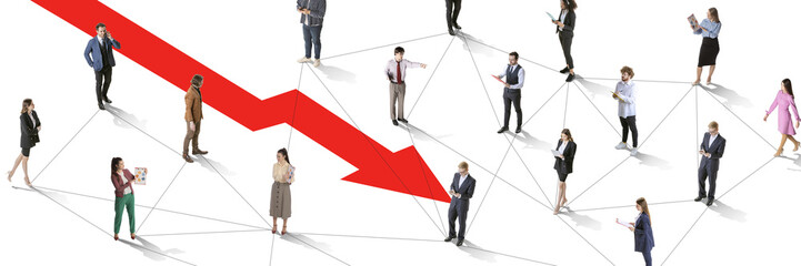 Banner. Conceptual art collage. Professionals connected by lines with giant red arrow cutting...