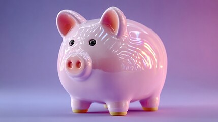 Pink piggy bank illuminated soft purple light. Financial savings concept, money management, childhood, personal finance awareness. Neon style, funds, wealth, budgeting, investment. Minimalist