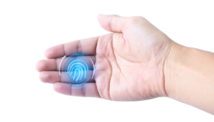 Biometric fingerprint scan with a digital hand hovering over a sensor, representing advanced authentication technology and secure access control, isolated on a solid white background in Png format