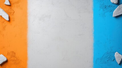 Abstract background with vertical orange, grey textured, and blue color bands and scattered rocks