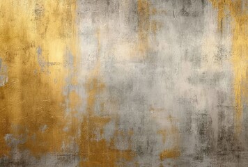 Obraz premium An abstract painting with gray and gold colors, mottled texture resembling aged wall with rust-like golden marks.