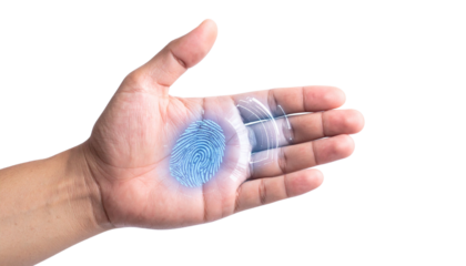 Biometric fingerprint scan with a digital hand hovering over a sensor, representing advanced authentication technology and secure access control, isolated on a solid white background