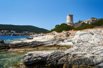 ruins of the historical lighthouse in Fiskardo on the island of Kefalonia