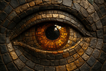 Fototapeta premium Close up of a mosaic eye with brown iris and dark pupil surrounded by gray and brown stone tiles
