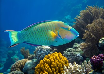 Fototapeta premium Vibrant Parrotfish Swimming Near Coral Reef
