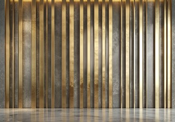 Obraz premium Vertical golden lines on gray-black marble-textured wall with marble floor under golden illumination.